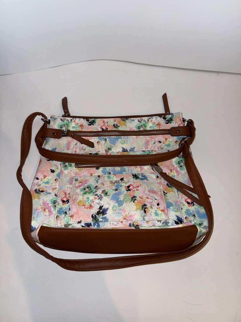 Floral Printed Crossbody Bag with Brown Trim